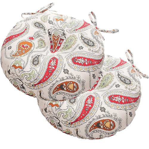 Magpie Fabrics Outdoor Round Bistro Seat Cushions with Ties, 15"x15"x4" Set of 2, Tufted Waterproof Barstool Chair Pads for Patio Home Garden Office, Paisley Beige Red - color: Paisley Red Beige