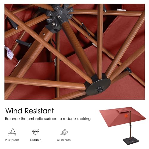 PURPLE LEAF 9' X 12' Double Top Deluxe Wood Pattern Rectangle Patio Umbrella with Base Offset Hanging Umbrella Outdoor Market Umbrella Garden Umbrella, Brick Red - color: Brick Red, size: 9'X12', style: Base Included
