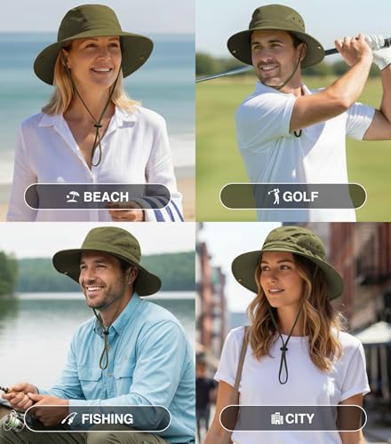 GearTOP Wide Brim Sun Hat for Men & Women, UPF 50+ Fishing Hat with Detachable Neck Flap & Face Cover Gardening Boonie Sunhat - color: Army Green Floater