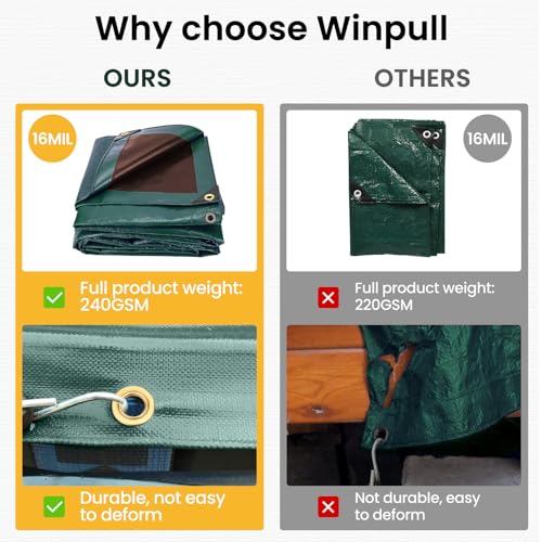 Winpull Tarp 10x20 Feet 16 Mil Heavy Duty Waterproof Tarp, Large Multipurpose Cover with Brass Grommets and Reinforced Edges, UV Resistant Thick Poly Tarps for Outdoor Camping Tent Pool Car, Green - color: Green/Brown-16mil, size: 10' x 20'