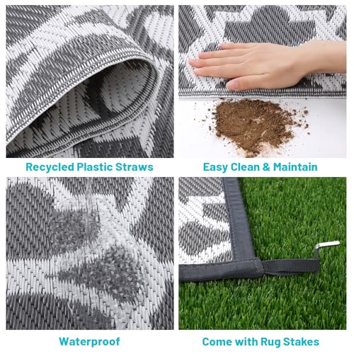 HEBE Outdoor Rug Waterproof 9x12, Plastic Straw Rug Camping Rug, Reversible Outdoor Patio Rugs RV Mat Clearance, Indoor Outside Floor Carpet for Porch,Deck,Camper,Balcony,Backyard - color: Grey, size: 9' x 12' (Rectangular)