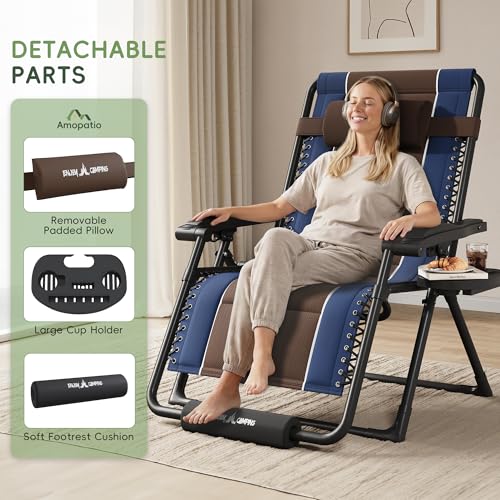 Amopatio Zero Gravity Reclining Patio Chairs Set of 2,XXL Foldable Lounge Chair with Removable Cup Holder/Headrest/Footrest,500LBS Capacity, Portable for Outdoor Patio Pool Backyard - color: Blue-brown, style: 33in-2pcs