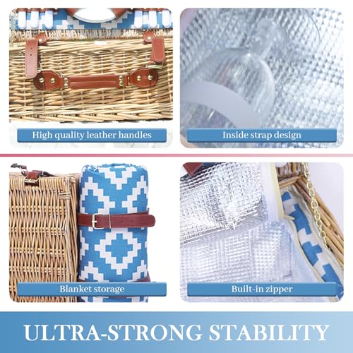 Neti Neti Wicker Picnic Basket for 4 with Insulated Cooler & Waterproof Blanket – Large Willow Picnic Hamper for Outdoor, Camping, Beach, Romantic Dates, Valentine’s Day - color: Blue Rhombus