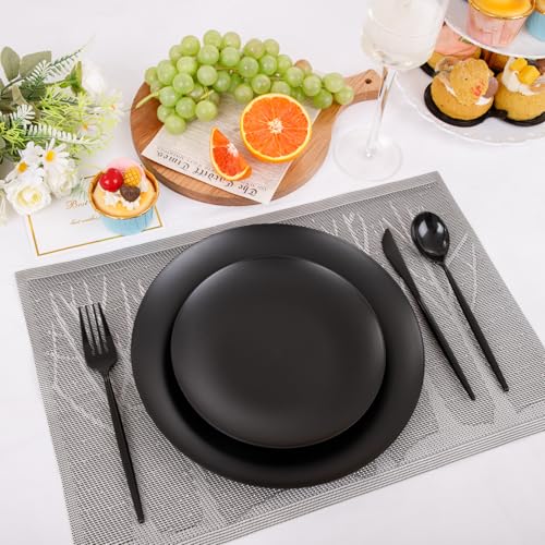EI 150pcs Black Plastic Plates Frosted Plastic Plate,Premium Heavy Duty Black Plastic Plates,Black Disposable Plates with Plastic Silverware,10.25" Dinner Plates and 7.5" Dessert Plate Wedding Party - color: Black Frosted Plastic Plates