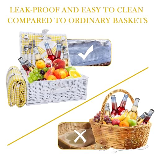 Neti Neti Wicker Picnic Basket for 4 with Insulated Cooler & Waterproof Blanket – Large Willow Picnic Hamper for Outdoor, Camping, Beach, Romantic Dates, Valentine’s Day - color: Yellow Plaid