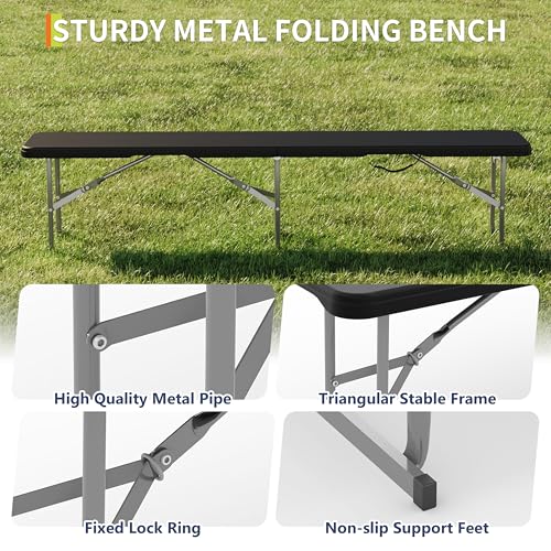GarveeLife Portable Folding Bench 6 Foot 2 Pack, Plastic Foldable Bench HDPE BenchTop with Carrying Handle for Outdoor Picnic Camping Party Sports Activities - Black - color: Black, size: 2 Pack