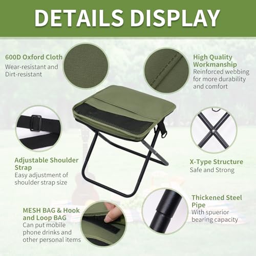 Foldable Camping Stool, Portable Collapsible Chair for Adults, Folding Telescopic Stool with Carry Bag, Outdoor Ultralight Small Travel Chairs for Hiking and Fishing, Hold Up to 265 Lbs,Green - color: Green