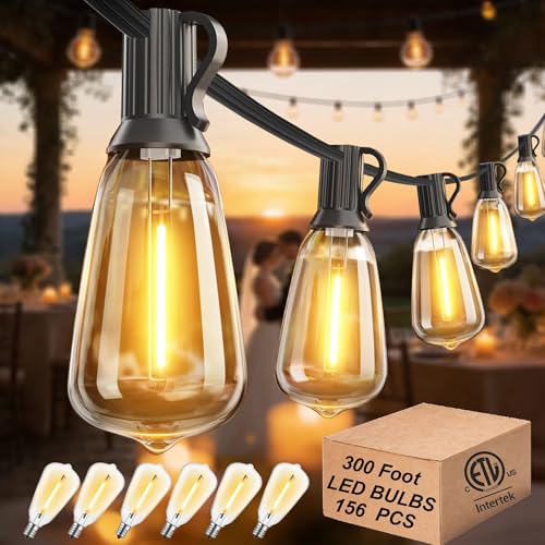 DAMAING String Lights for Outside 300FT shatterproof connectable Patio Lights Outdoor 3 Pack x 100FT with 156 PCS Vintage dimmable LED Edison Bulbs,Waterproof Hanging Lights for Backyard,Deck - color: Black, size: 300 Feet