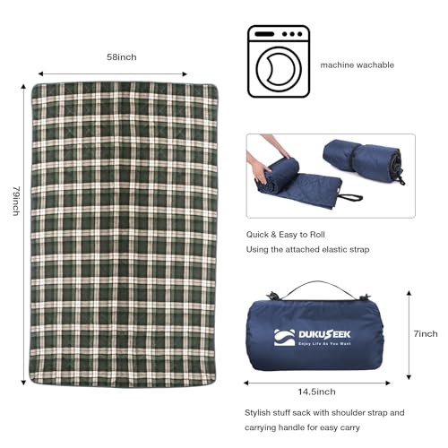 DUKUSEEK Large Outdoor Blanket, Camping Blankets for Cold Weather, Waterproof Windproof Hooded Stadium Blanket 79"x59" Quilted with Extra Thick Fleece, Great for Camping, Picnic, Beach, Car, Dogs - color: Navy Blue Outer With Blue Plaid Fleece