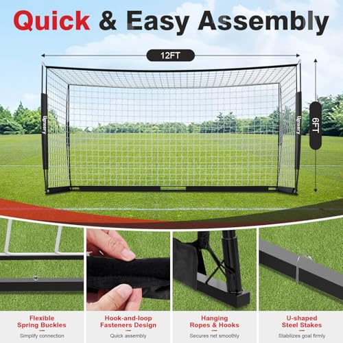 Portable Soccer Goal, Detachable 12x6 FT Soccer Goals Net for Backyard, Quick Setup Training Equipment with 1 Carry Bag, 12 Training Cones - color: Black
