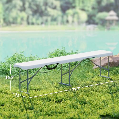 Outsunny 2-Pack 6 Ft. Plastic Folding Benches, Portable Foldable Bench Seats with Carrying Handle, Non-Slip Mat, HDPE Tabletop, Picnic Benches for Camping Dining Picnic BBQ Sports, White - color: White