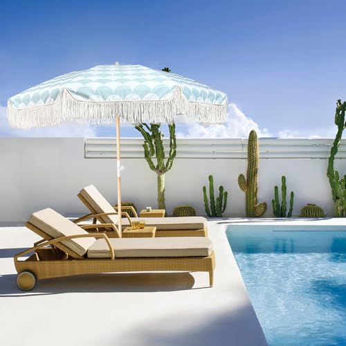 Lefedrasticity Boho Outdoor Umbrella with Tassels,6ft Table Umbrella Outdoor Patio with Knobs Tilt,Wind Resistant Portable Beach Umbrella UPF50+ Fringe Umbrellas For Pool Backyard Deck Garden - color: Green Pattern