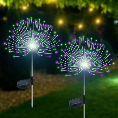 Slyuexu Solar Garden Lights Outdoor Waterproof, 2 Pack 120 LED Solar Firework Lights Decorative Garden Décor Outside for Flowerbed Pathway Party Halloween Christmas Decorations, Green + Purple - color: Green + Purple, size: 2 Pack