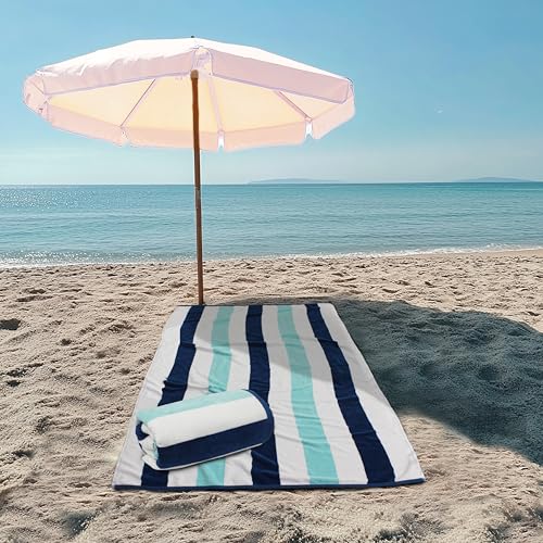 COTTON CRAFT Oversized XL Beach Towel - 2 Pack 39 x 68 inches Big & Huge Beach Blanket Towel - 100% Cotton Velour Thick Plush 450 GSM Super Soft Luxury - Pool Picnic Bath Towel - Cabana Stripe Blue - color: Ocean Blue, size: 2 Pack - 39x68