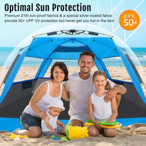 WhiteFang Deluxe Pop Up Beach Tent Sun Shade Shelter for 3-4/5-6 Person, UV Protection, Extendable Floor with 3 Ventilating Windows Plus Carrying Bag, Stakes, and Guy Lines - color: Gray Blue, size: X-Large