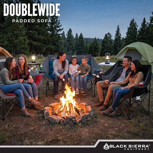 Black Sierra Double Camping Chair, Padded Oversized Loveseat, 2 Person Folding Seat Supports 500 lbs, Portable Outdoor Sofa for Beach, Tailgating, RV, Sports, Patio - color: Black