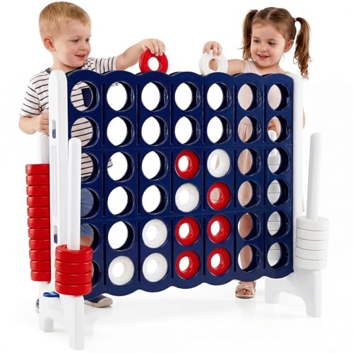 COSTWAY Giant 4-in-a-Row Game Set, Jumbo 4-to-Score for Kids and Adults with 42 Jumbo Rings & Quick-Release Slider, Indoor Outdoor Yard Party Game for Lawn, Holiday Party & Family (Navy Blue & White) - color: Navy Blue & White