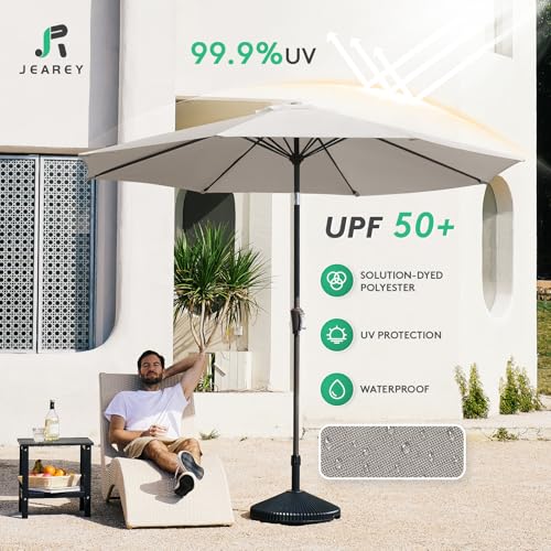 JEAREY 9FT Outdoor Patio Umbrella Outdoor Table Umbrella with Push Button Tilt and Crank, Market Umbrella 8 Sturdy Ribs UV Protection Waterproof for Garden, Deck, Backyard, Pool (Fog Gray) - color: Fog Gray