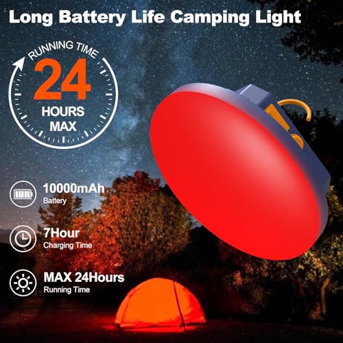 10000mAh Rechargeable Camping Light Insect Not Attract 4000LM Work Light White/Red/Pink/SOS Brightness Stepless Dimming, IP45 Waterproof Tent Light Power Failure for Halloween (Standard)