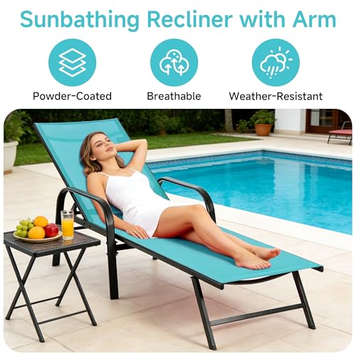 DUMOS Outdoor Lounge Chaise, 5-Position Chaise Lounge with Armrests, Sun Tanning Chair 350 lbs Heavy Duty Patio Pool Chair, Waterproof Sun Lounger for Deck, Backyard, Beach, Cyan - color: Cyan