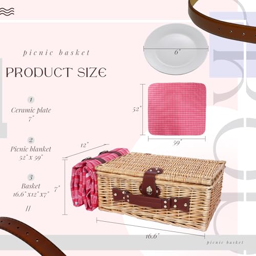 Picnic Baskets Wicker Willow Picnic Set for 4 Persons with Insulated Cooler Bag and Waterproof Pink Plaid Picnic Blanket Gift for Christmas Thanksgiving Wedding Birthday Camp Outdoor Beach Travel - color: Vintage Pink Red