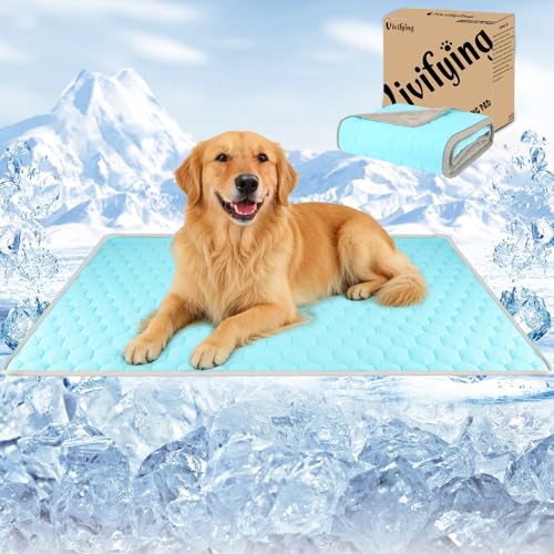 Vivifying Cooling Blanket for Dogs, Q-MAX>0.5 Reversible Ice Silk Dog Cooling Mat with Soft Plush Backing, Summer Pet Blanket Throw for Couch Bed Crate Floor Travel, 40 x 60 Inch (Blue&Grey) - size: L(40"x60")