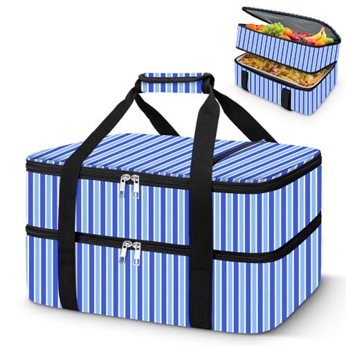 Coobiiya Insulated Casserole Carrier,Lasagna Lugger Tote Keeps Food Hot or Cold,Thermal Lunch Bag Warmer & Cooler Carrier Bag,Portable Tote Bag Fits 9" x 13" Baking Dish for Picnic and Cookout - color: Stripes, size: Double Layer: 15.75 × 11.8 × 7.87 in