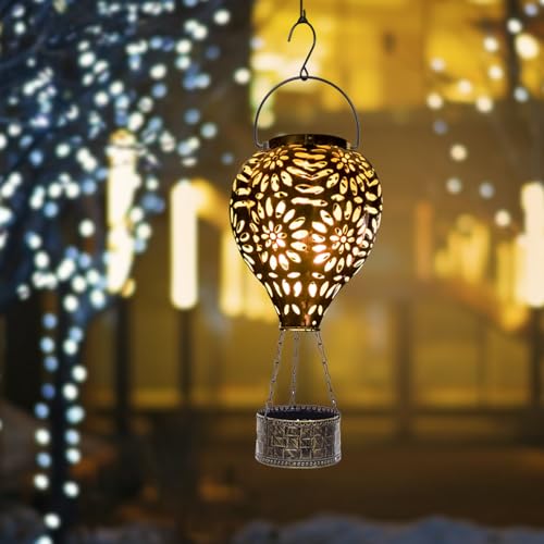Hot Air Balloon Solar Lantern,Hanging Lantern Outdoor Waterproof Decorative Metal LED Solar Lights for Trees Patio Garden Yard Porch Decor, Gold - style: Gold