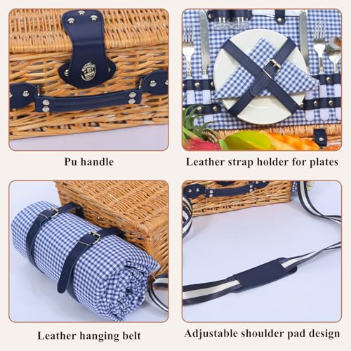 Picnic Basket for 2 with Blanket, Willow Picnic Basket Set with Shoulder Strap&Wine Pouch, Large Willow Hamper with Insulated Cooler for Outdoor, Camping, Beach, Couples, Wedding Gift - color: Blue and White Grid