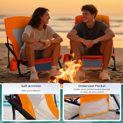 Portable Folding Beach Chair for Adults - Lightweight Low Back Sling Chair with Cup Holder & Storage Pocket, 300lbs Capacity Camping Chair for Outdoor, Lawn (Bright Orange, 4 pcs) - color: Bright Orange, size: 4 pcs