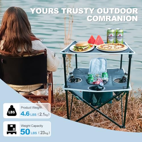 Folding Beach Table, Camping Table for Sand with Insulated Cooler Storage & 4 Cup Holders, Portable Pop Up Picnic Table, Lightweight Side Table for Outdoor - color: Blue-gray With Basic Insulation
