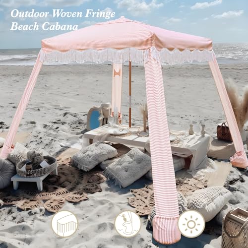 AMMSUN Beach Cabana with Fringe, 7' x 7' Boho Beach Canopy with Tassels, Easy Set up & Premium Wood Pole, Cabana Tent with Sand Pockets, Instant Sun Shade for Sand, Garden, Patio, Pink Stripes - color: Pink Stripes