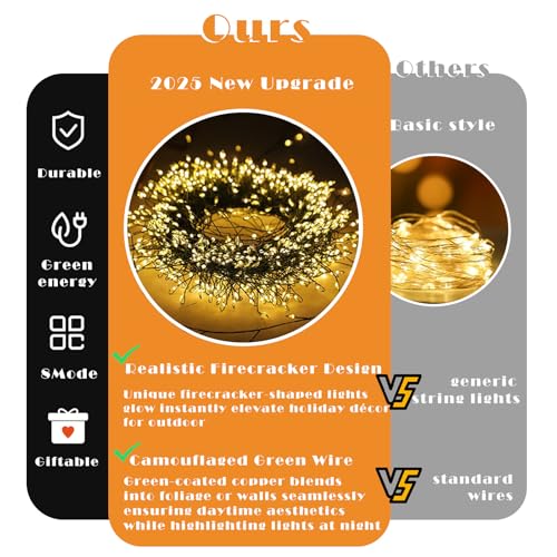 ITICdecor Solar Powered String Lights Outdoor 9.8FT 120 LED Waterproof Firecracker Fairy Lights with 8 Modes Green Copper Wire for Christmas Garden Wedding Patio Garden Yard Decor - color: Warm White, size: Firecracker
