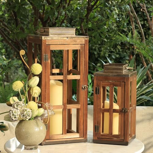 Large Farmhouse Wooden Metal Lantern Set of 2, 28''/20'' H Rustic Decorative Indoor & Outdoor Hanging Candle Lanterns, Wooden Outdoor Lanterns for Patio Front Porch Table, Dark Brown - color: Rustic Brown, size: 2 Pcs-28''/20'' H