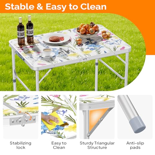 VINGLI 3FT Small Folding Camping Table Adjustable Height Aluminum Folding Table for Picnic Party BBQ, Plastic RV Suitcase Table Portable Lightweight Fold Up Utility Outdoor Tables - color: Flower, size: 3ft