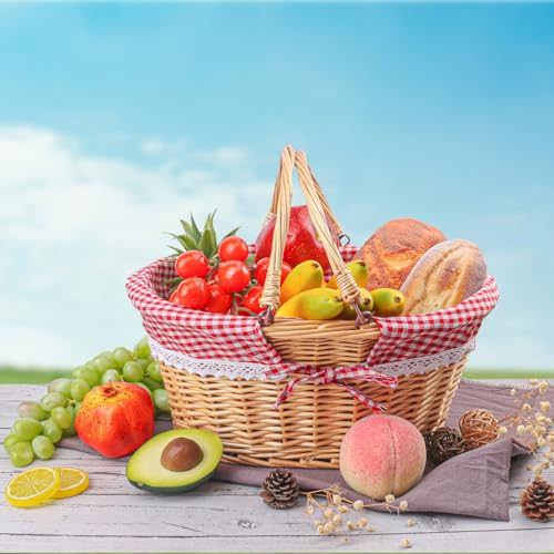 14.2 Inch Natural Wicker Basket with Linen Cotton Cloth Lining, Oval Wicker Woven Basket with Handle, Willow Woven Picnic Baskets for Picnic, Camping, Party(Large) - size: 1 Pack 14.2in Natural(Round willow)