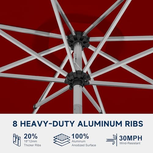 9FT Aluminum Outdoor Patio Umbrella, Fade-Resistant Market Umbrella with Push Button Tilt Function, 8 Sturdy All-Aluminum Ribs for Gardens, Patios, Backyards & Pools - color: Burgundy, size: 9FT-1Tier (Aluminum Umbrella)