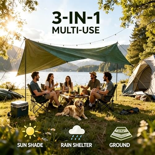 Waterproof Camping Tarp Tent Hammock Rain Fly, Mutifunctional Tent Footprint Lightweight Tarp for Camping, Hiking and Survival Shelter