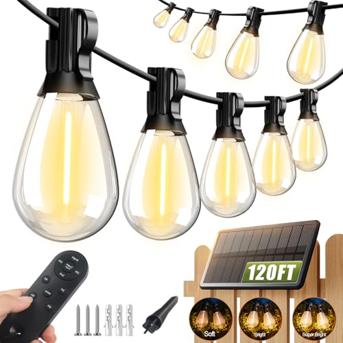 Tenmiro 120FT Solar Outdoor String Lights with Remote and 32+2 LED Shatterproof Bulbs Dimmable & Timing 3 Light Modes Solar Patio String Lights for Cafe, Garden, Deck, Outside Wedding Last for 10+Hrs - size: Solar 120FT