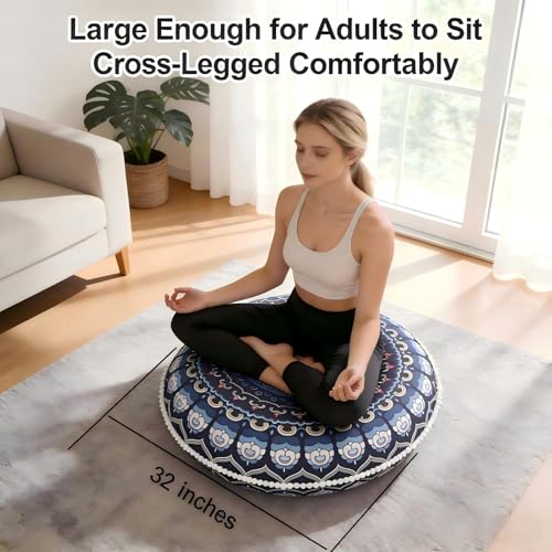 LOVMOC 32 Inch Round Floor Pillow for Adults Set of 2, Large Thick Memory Foam Boho Mandala Meditation Floor Seating Cushion, Machine Washable for Living Room Outdoor Yoga Floor Sitting, Navy Blue - color: Navy Blue, size: 2 Count (Pack of 1)