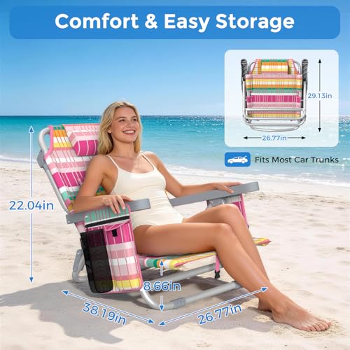 5-Position Backpack Beach Chair for Adults with Lumbar, Foldable Tall Heavy-Duty Beach Chairs with Cooler Bag,Cup Holder,Towel Rack for Beach, Camping, Outdoor (1, Rainbow Pink) - color: Rainbow Pink, size: 1 pack