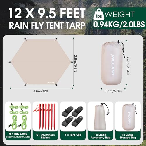 JAICOM Waterproof Hammock Rain Fly, Portable Camping Tarp - 12ft x 9.5ft Large Camp Tarp with Tent Stakes & Trap Clip & Guy Lines, Ultralight Shelter for Backpacking, Outdoor Shade - color: Khaki