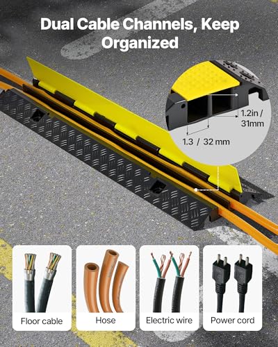 VEVOR Cable Protector Ramp, 22,000 lbs/axle Capacity, 2 Channel Heavy Duty Rubber Cord Hose Wire Cover, 1.3 x 1.2 in Channel, Traffic Speed Bump with Flip-Open Top Cover, for Indoor Outdoor, 1 Pack - style: 2 Channel-1PC