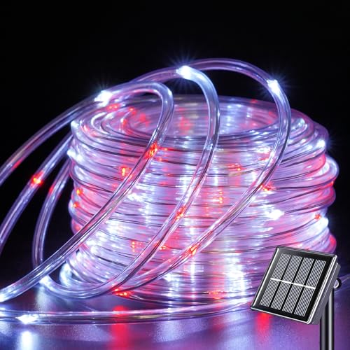 YEGUO Solar Rope Lights Outdoor Waterproof, 66ft 200 LED Red and White String Lights, 8 Modes Fairy Lights in Clear Thin Tube - color: Red and White