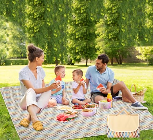 Hi Space Picnic Blankets Extra Large 80''x60'' Picnic Mat Waterproof Foldable Beach Picnic Blanket Washable Park Blanket Outdoor Blanket for Grass Lawn Camping (Khaki Argyle) - color: Khaki Argyle