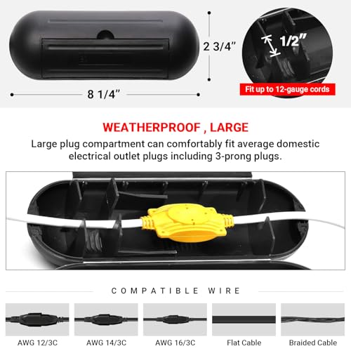 (3-Pack) Outdoor Extension Cord Protective Cover Set for AWG12/14/16 Cords | Water-Resistant Holder for Holiday String Lights, Plugs and Wires | Capsule Shaped Protector with Large Compartment (Black) - color: Black (3-Pack), size: Large (Standard)