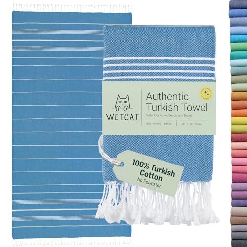 WETCAT Turkish Beach Towel Oversized (38"x71") 100% Turkish Cotton, Made in Turkey - Sand Free, Extra Large, Ultra Soft, Quick Drying, Compact & Lightweight for Travel - Blue - color: Blue, size: Beach Towel (38" x 71")