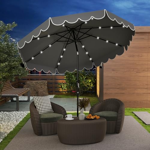 Tangkula 9 FT Solar Patio Umbrella, 2-Tiers Scalloped Outdoor Table Market Umbrella with 32 LED Lights, Vented Top, Tilt Adjustment, Crank, 8 Ribs for Backyard Poolside Deck Beach Lawn (Gray) - color: Gray, size: 9Ft
