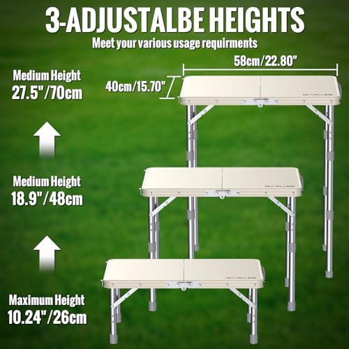 GARLLEN Waterproof Camping Table with High-Density Plastic Tabletop, Portable Folding Picnic Table with 3 Adjustable Height, Aluminum Frame Outdoor Table for BBQ, Camping, Indoor Use, 22.8"L x 15.7"W - color: White