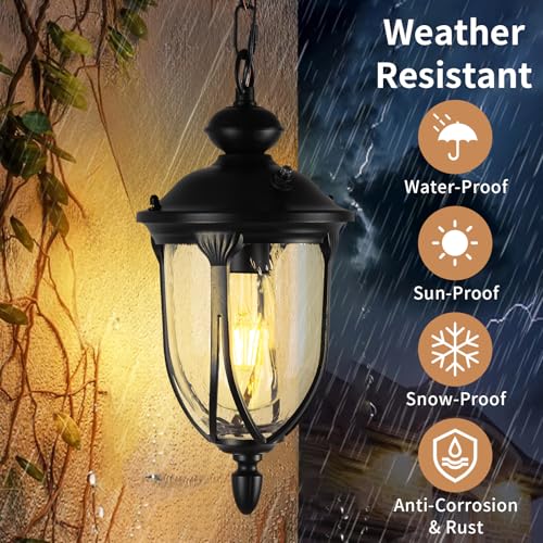 JYZ Vintage Dusk to Dawn Outdoor Hanging Lantern, 15 Inch Rustic Exterior Pendant Light Fixture with Seeded Glass, Antique Black Ceiling Mount Chandelier for Porch, Patio, Gazebo, Entryway JYOPL04 - size: 04-medium
